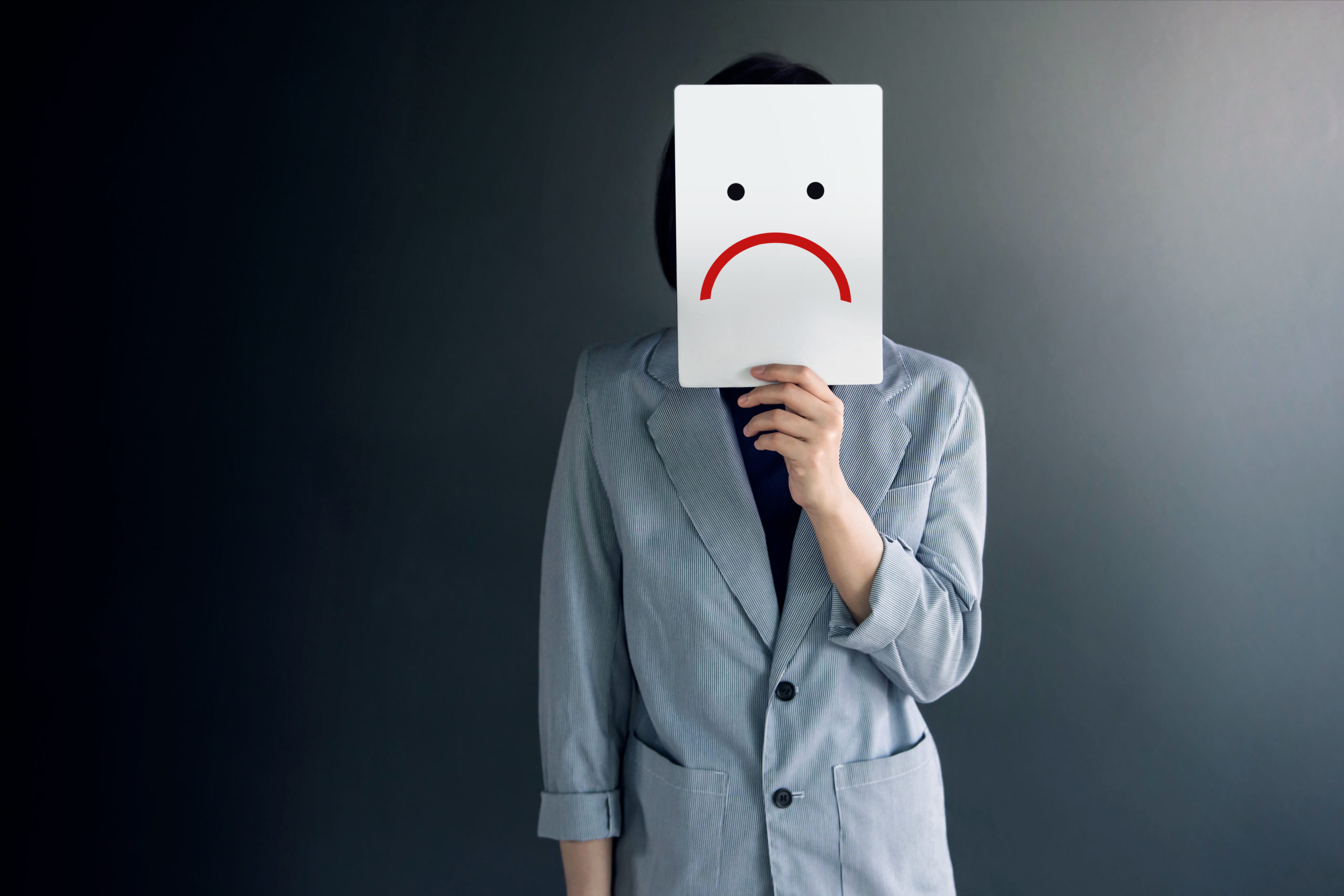 Customer Experience Concept, Portrait of Client with Feeling Dis Customer Experience Concept, Portrait of Client with Feeling Disappointed Face, Drawn Emotion on Paper